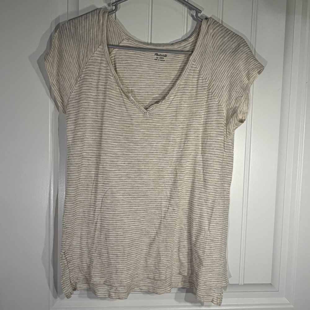 Madewell Whisper Cotton Beige Stripe V-Neck Tee XXS